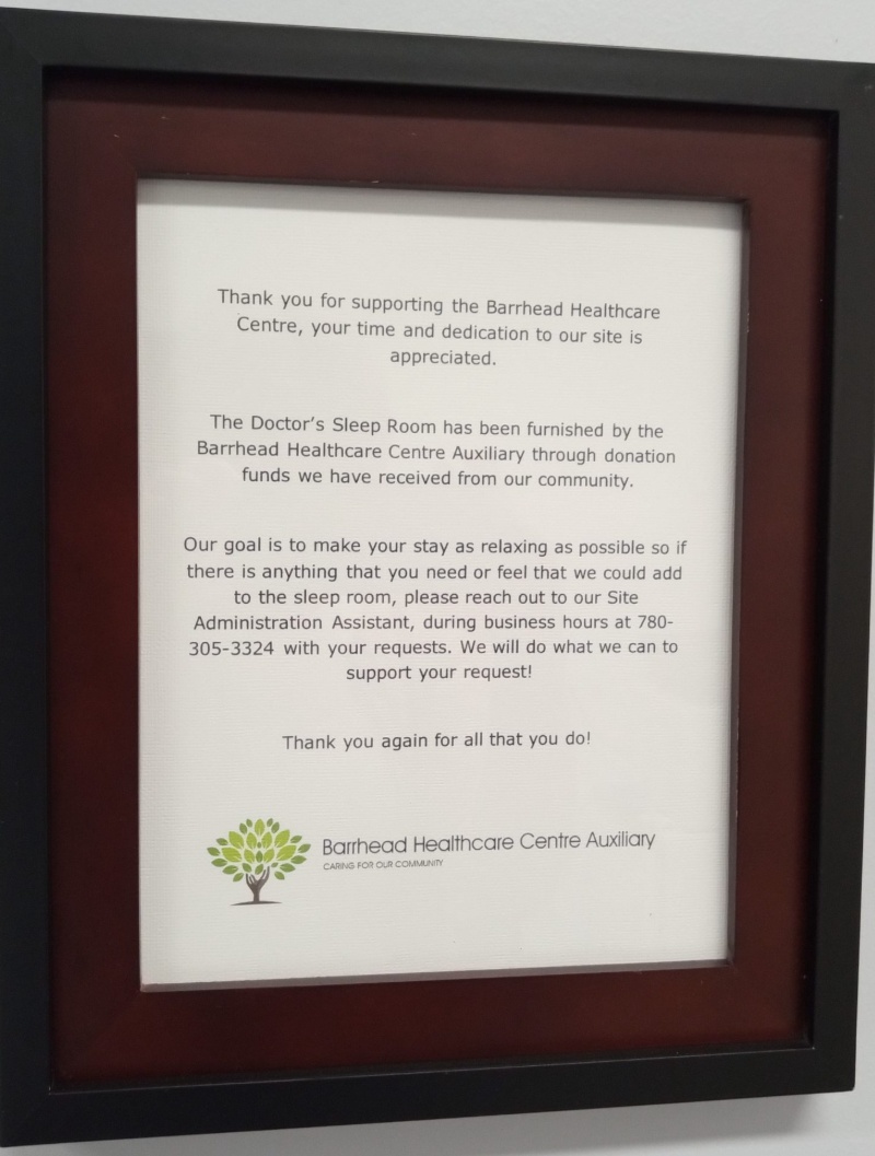 Barrhead Auxiliary, updates, physicians locum sleep room