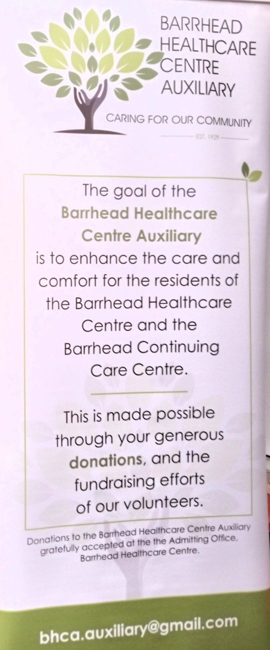 About Barrhead Healthcare Center Auxiliary, Sign, Charity