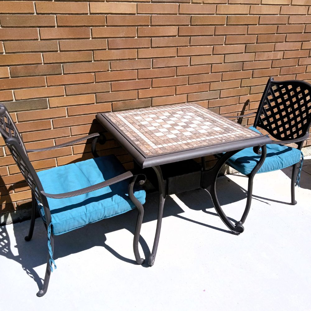 Table, Chair Set to play chess or enjoy lunch, Barrhead Healthcare Center, Ella's garden, courtesy legacy Donation