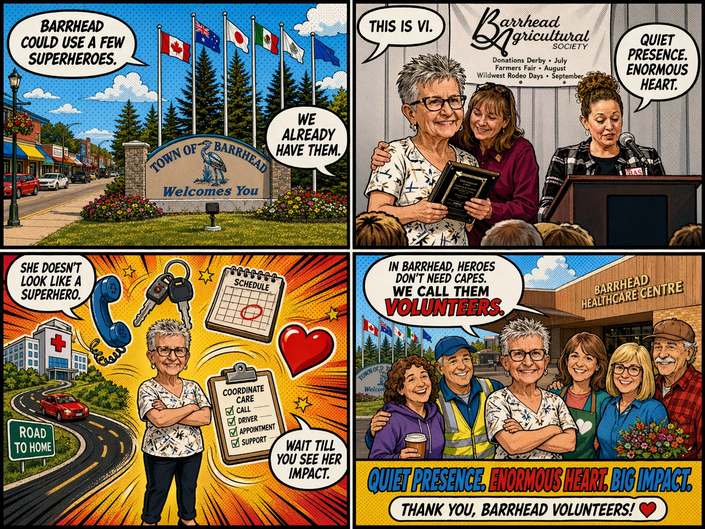 comic Strip portraying Vi Schriever, Road to Home Volunteer, Barrhead Volunteer Super Hero